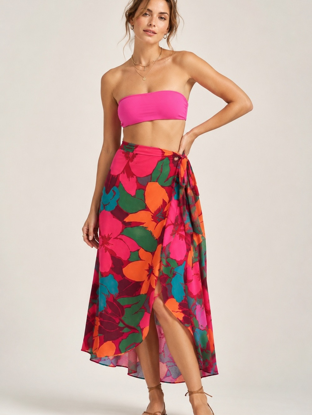 Salinos Wrap Skirt Pink Orange Green Multi Resort Wear Cover Up Hibiscus